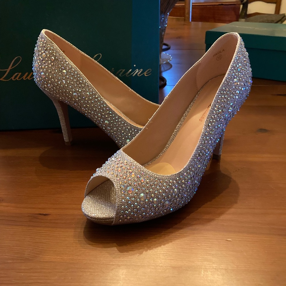 Lauren Lorraine Glittering Silver Peep-Toe Heels